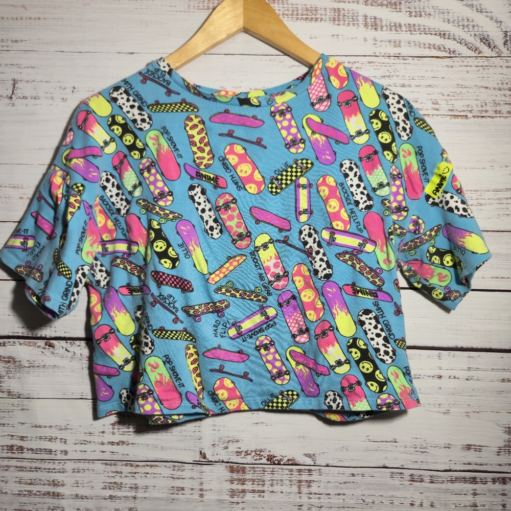anime  Crop Top T-shirt Neon Allover Print Skateboard Y2k Retro Pop Art RARE